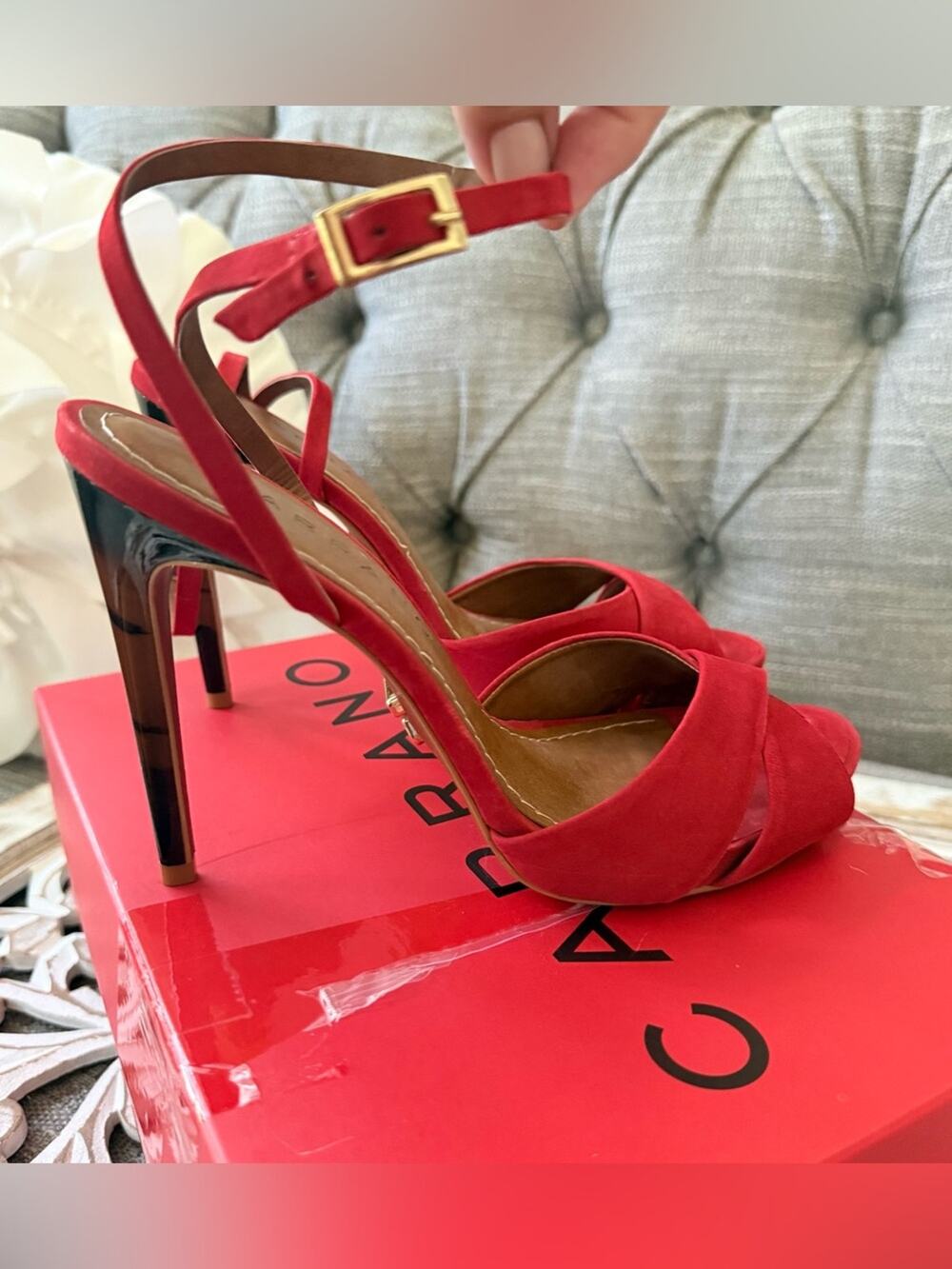 Carrano Red Suede High Heel Ankle-Strap Sandals Women’s  7